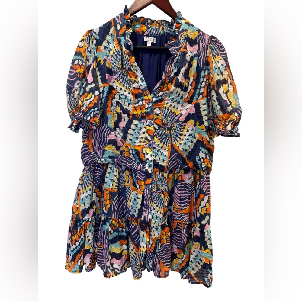 TCEC Multi Color Abstract Print Ruffle Neck Tiered Mini Dress Large - Picture 5 of 7